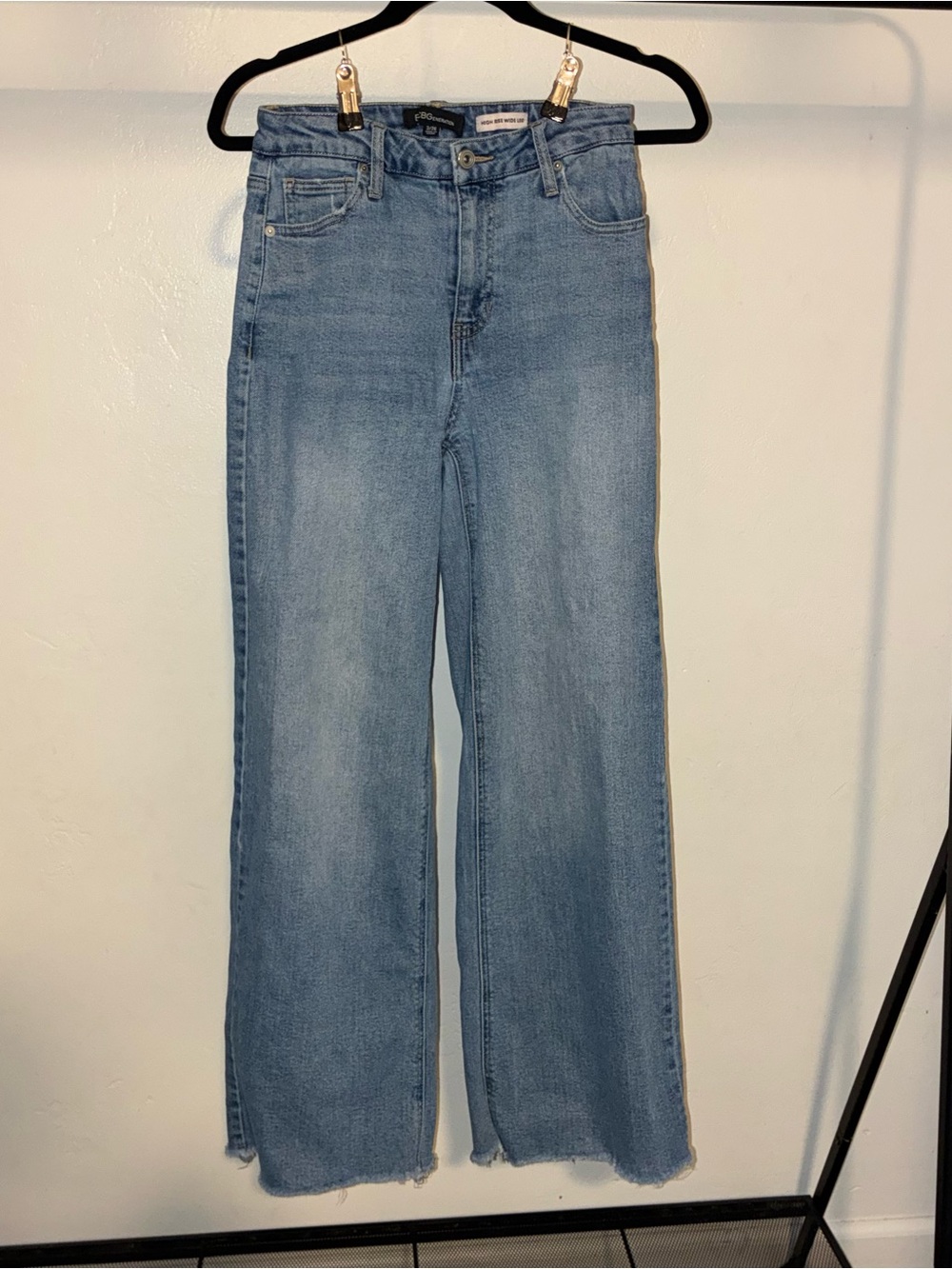 BCBGeneration Light wash jeans, high rise wide leg with frayed ends